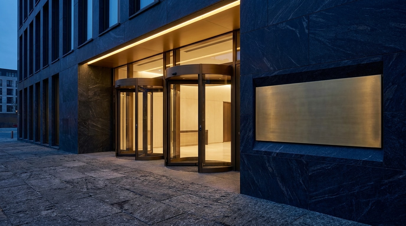 Architectural photograph of a modern European corporate building entrance at twilight, polished navy stone facade with a brushed-gold signage plate beside the revolving doors.