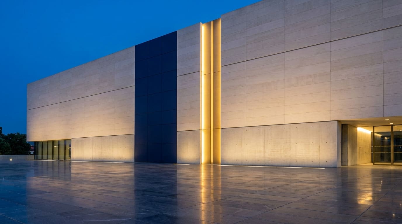 Architectural photograph of a contemporary European civic building at twilight, limestone facade with a vertical strip of warm gold backlit signage and a deep navy panel.