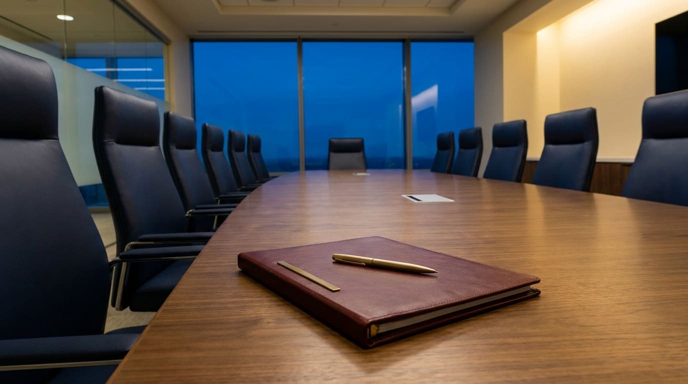 Editorial photograph of a contemporary boardroom at twilight: an oxblood M&A deal binder with gold pen on a smoke-walnut conference table, navy leather chairs in view.