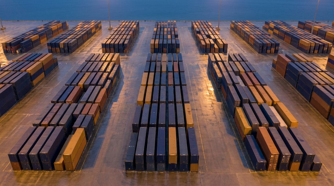 Aerial editorial photograph of a modern international container terminal at twilight, with rows of navy and gold containers.