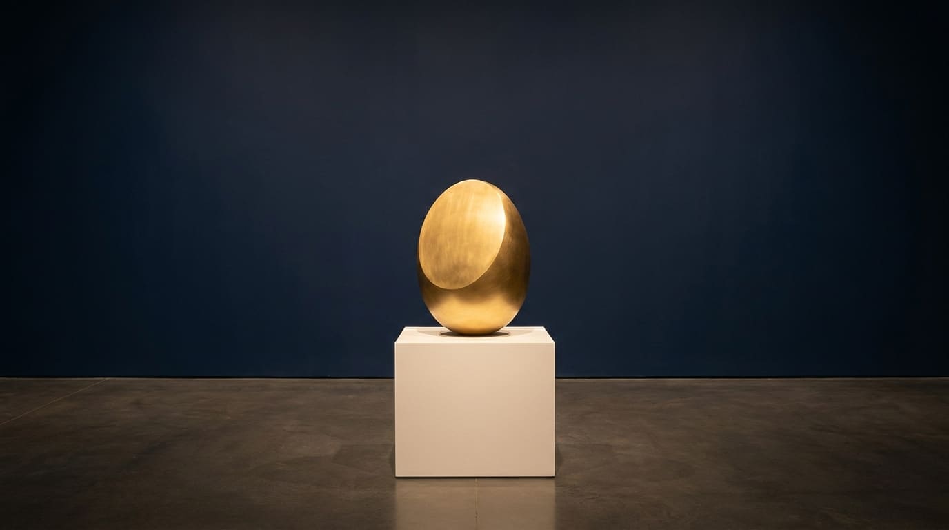 Editorial photograph of a brushed-gold sculptural form on a white plinth in a minimalist contemporary gallery with a deep navy back wall.