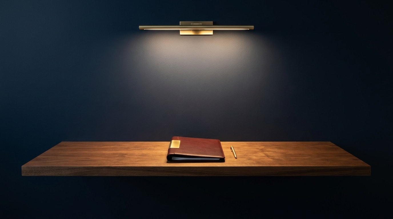 Editorial photograph of a contemporary advisory firm's feature wall: a walnut shelf holding an oxblood leather portfolio and brushed-gold pen against deep navy plaster.