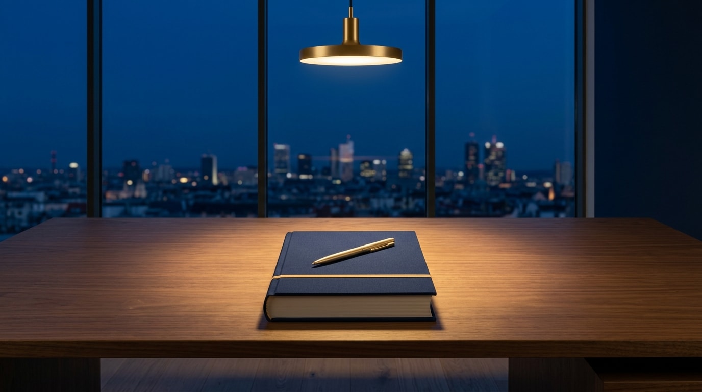 Editorial photograph of a modern advisory office at twilight: a navy bound reference volume and brushed-gold pen on a walnut desk, the Vienna skyline visible through the window.