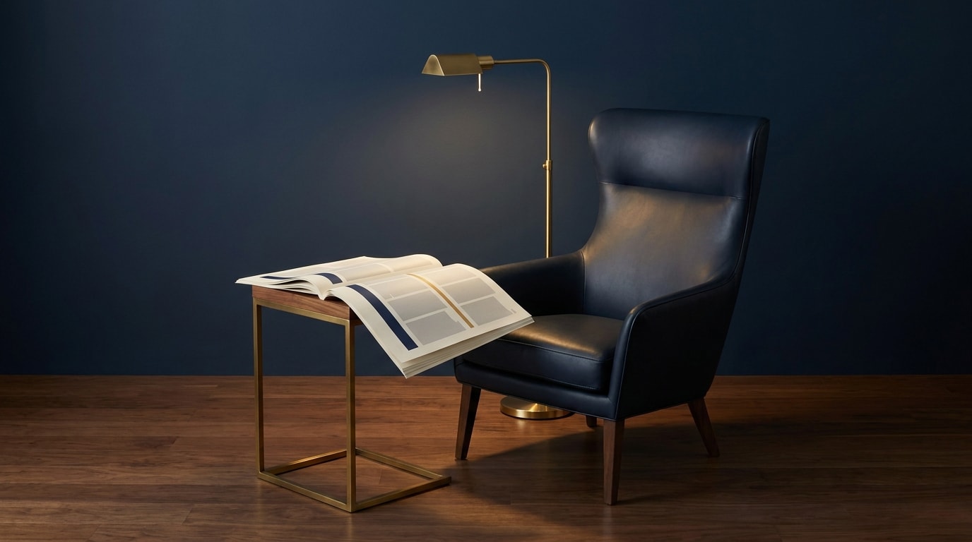 Editorial photograph of an executive reading nook: a deep navy leather club chair, a brass standing lamp, and an open editorial publication on a side table.
