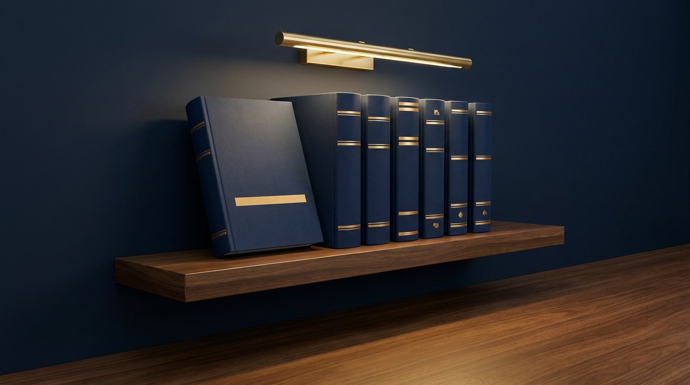 Editorial photograph of a curated publisher's exhibition shelf: contemporary scholarly volumes in navy cloth with gold spine details, one volume pulled forward.