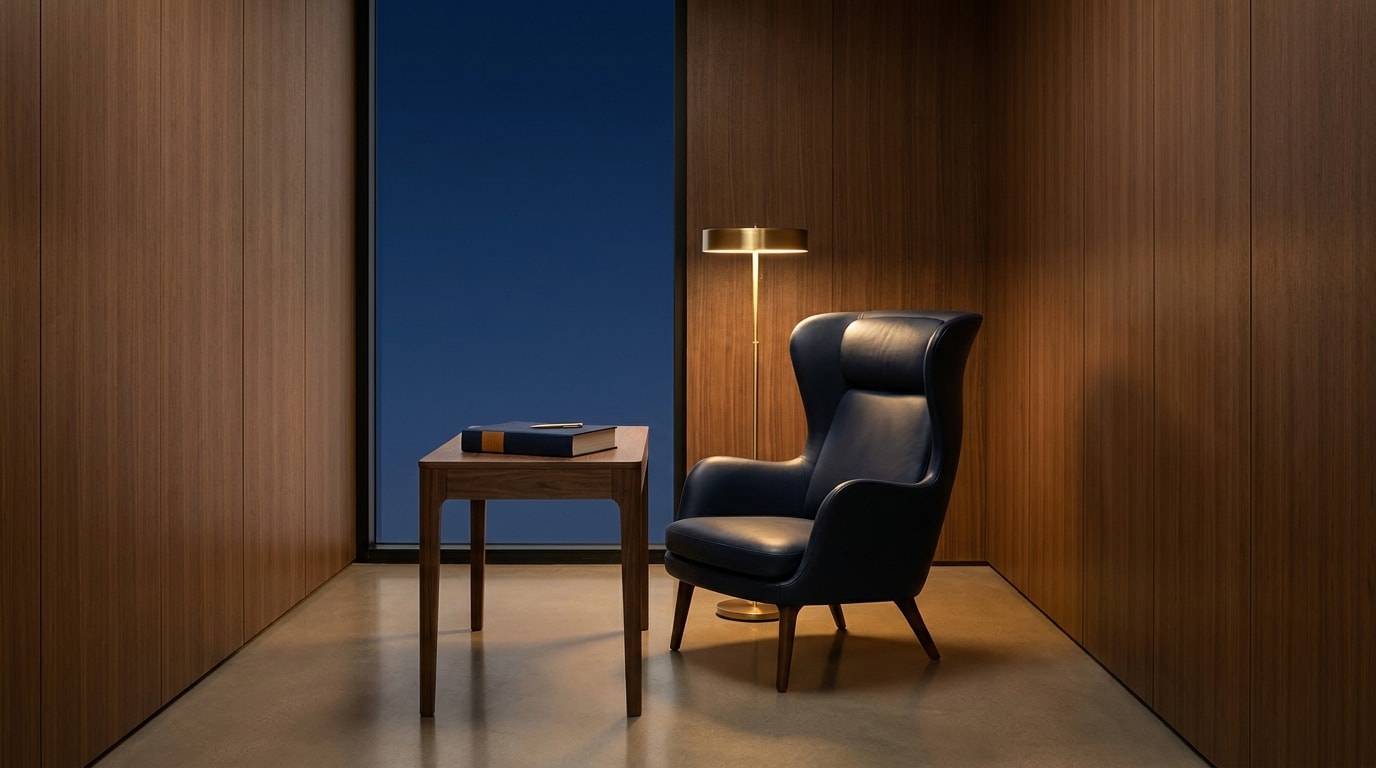 Editorial photograph of a modern advisor's private study: a navy leather wing chair facing a walnut writing desk with a closed opinion volume, brass floor lamp casting warm light.