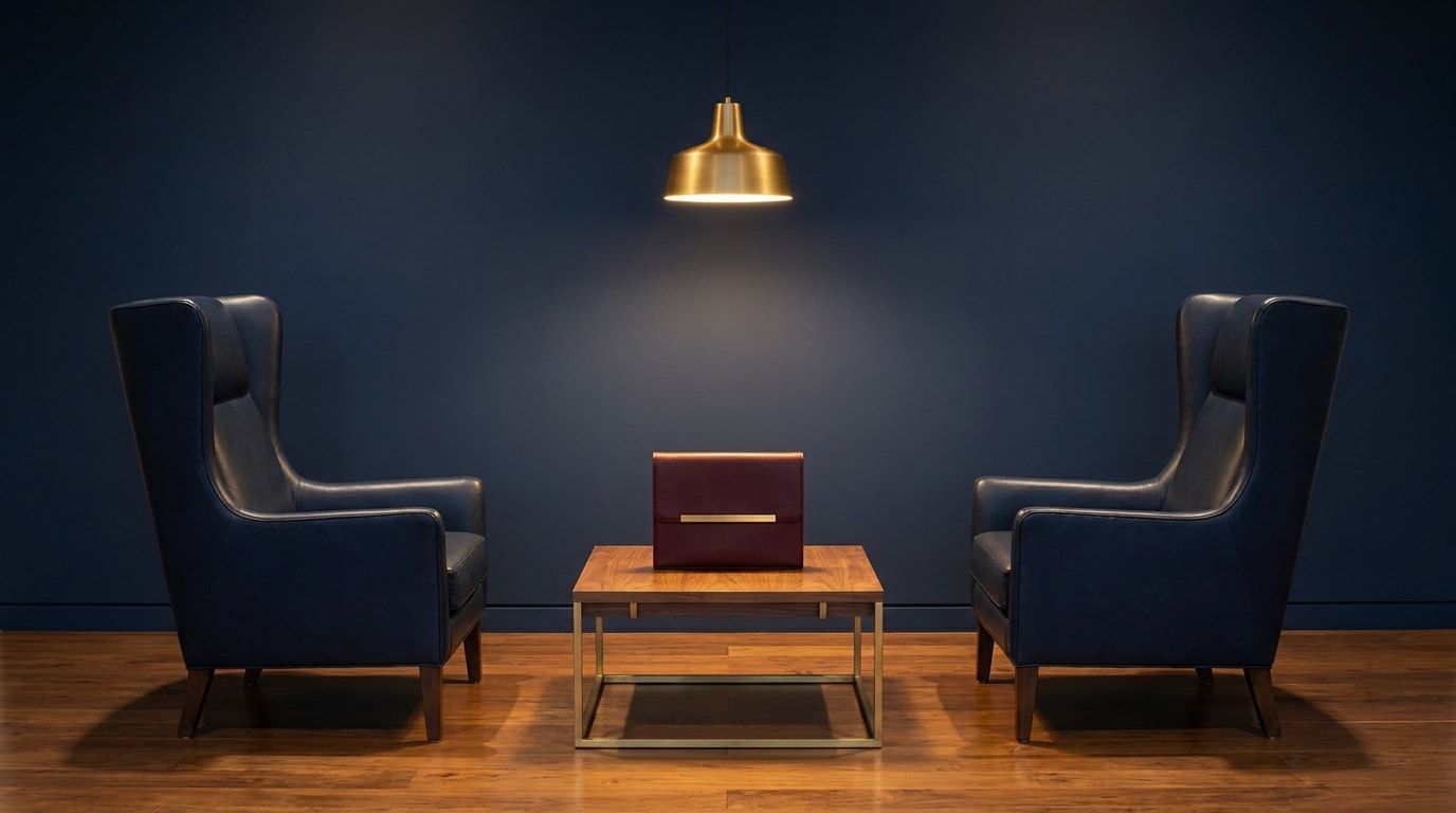 Editorial photograph of a modern bilateral consultation room: two facing navy leather armchairs across a walnut-and-brass coffee table holding a closed oxblood document case.