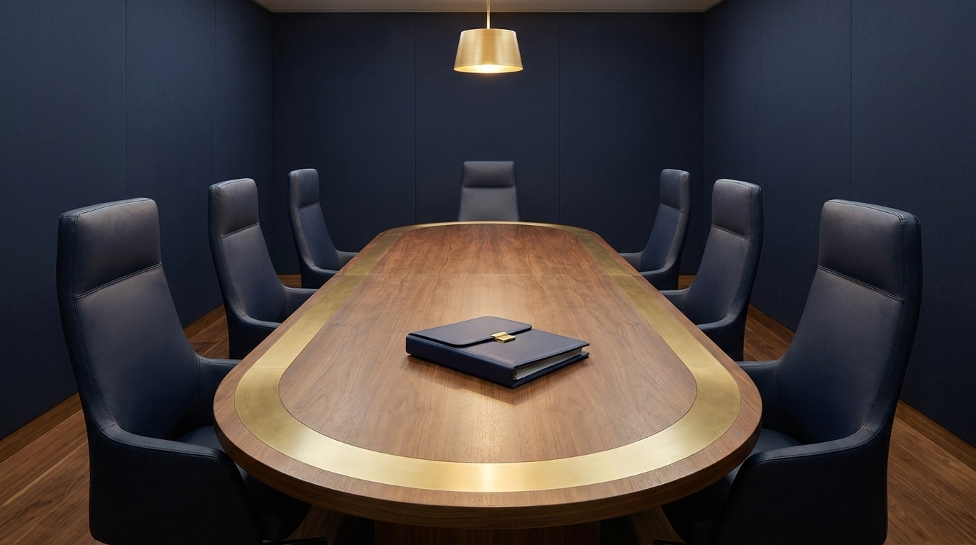 Editorial photograph of a modern international arbitration chamber: an oval smoke-walnut table with eight navy leather chairs around it and a single navy file folder at the center.