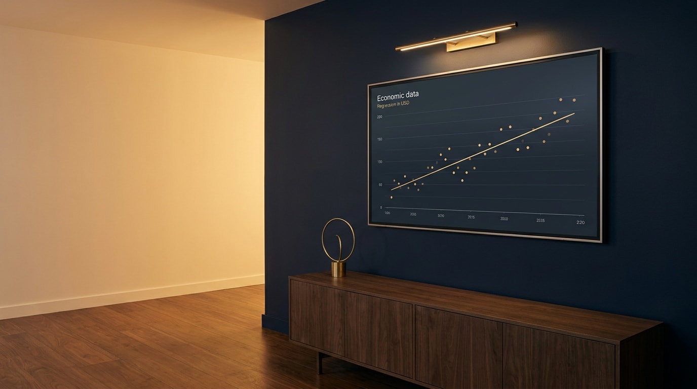Editorial photograph of a modern executive briefing room: a single large framed economic chart in navy and gold mounted on a deep navy feature wall, brass picture light above.