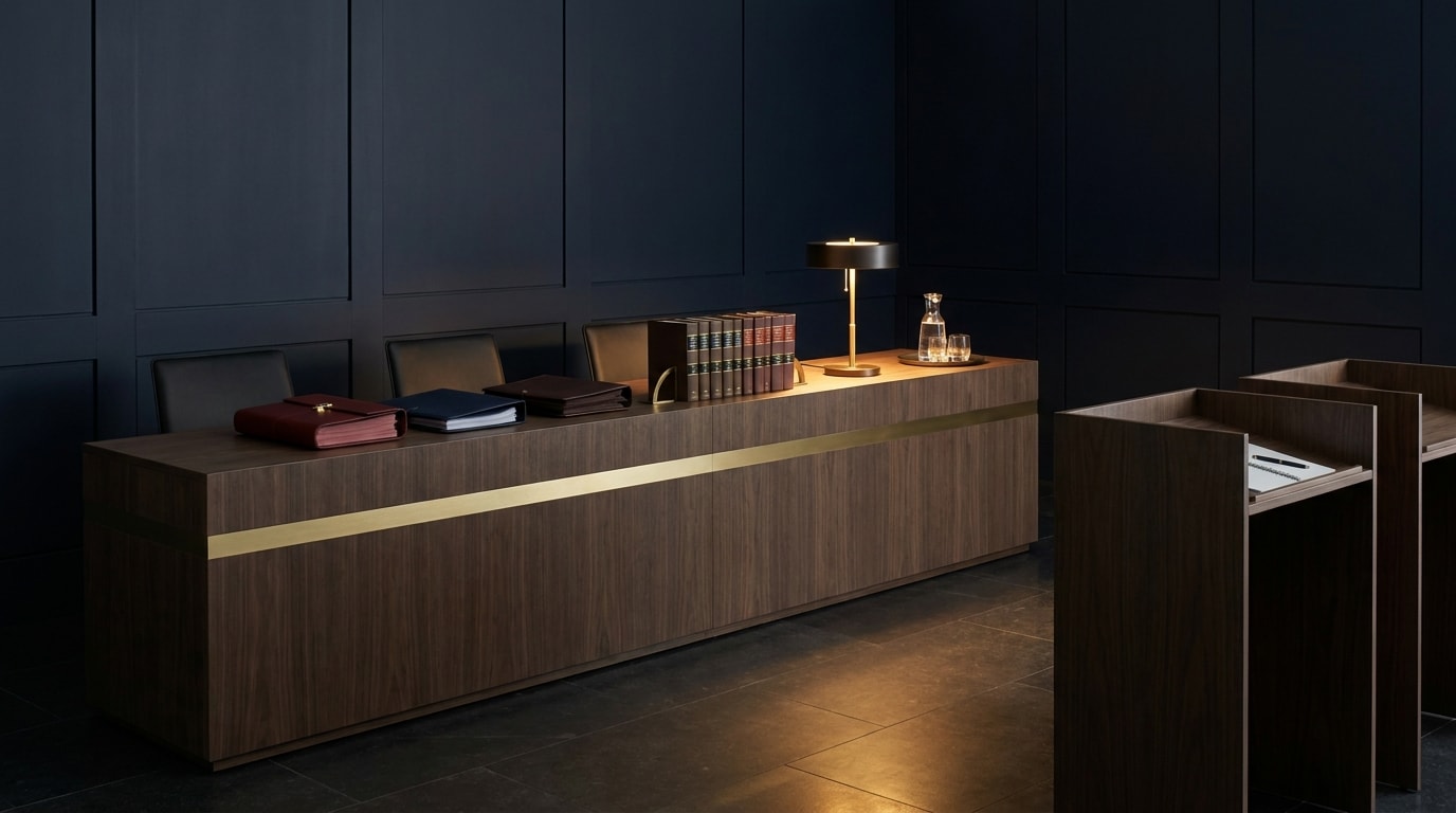 Architectural photograph of a modern European tribunal: a smoke-walnut judicial bench with a horizontal brushed-gold inlay and a deep navy paneled wall behind.