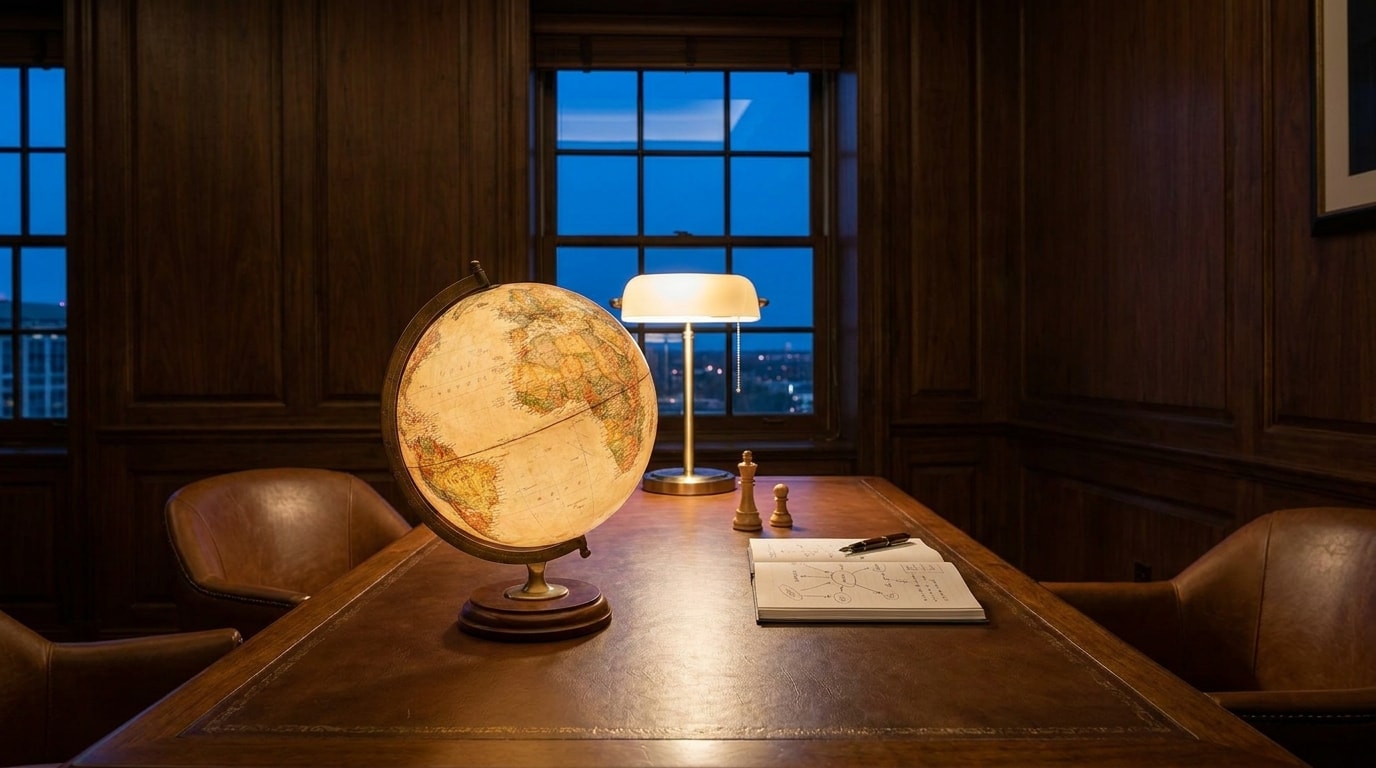 Editorial photograph of a modern strategy room: a glass wall etched with an abstract transaction-structuring diagram in deep navy ink and warm gold accent nodes.