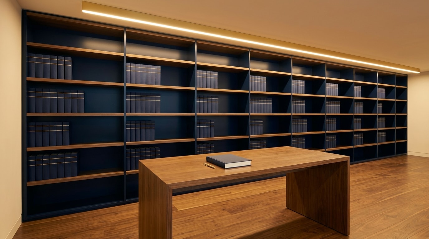 Editorial photograph of a modern corporate governance archive: a feature wall of walnut shelving holding rows of navy policy volumes with warm gold spine bands.