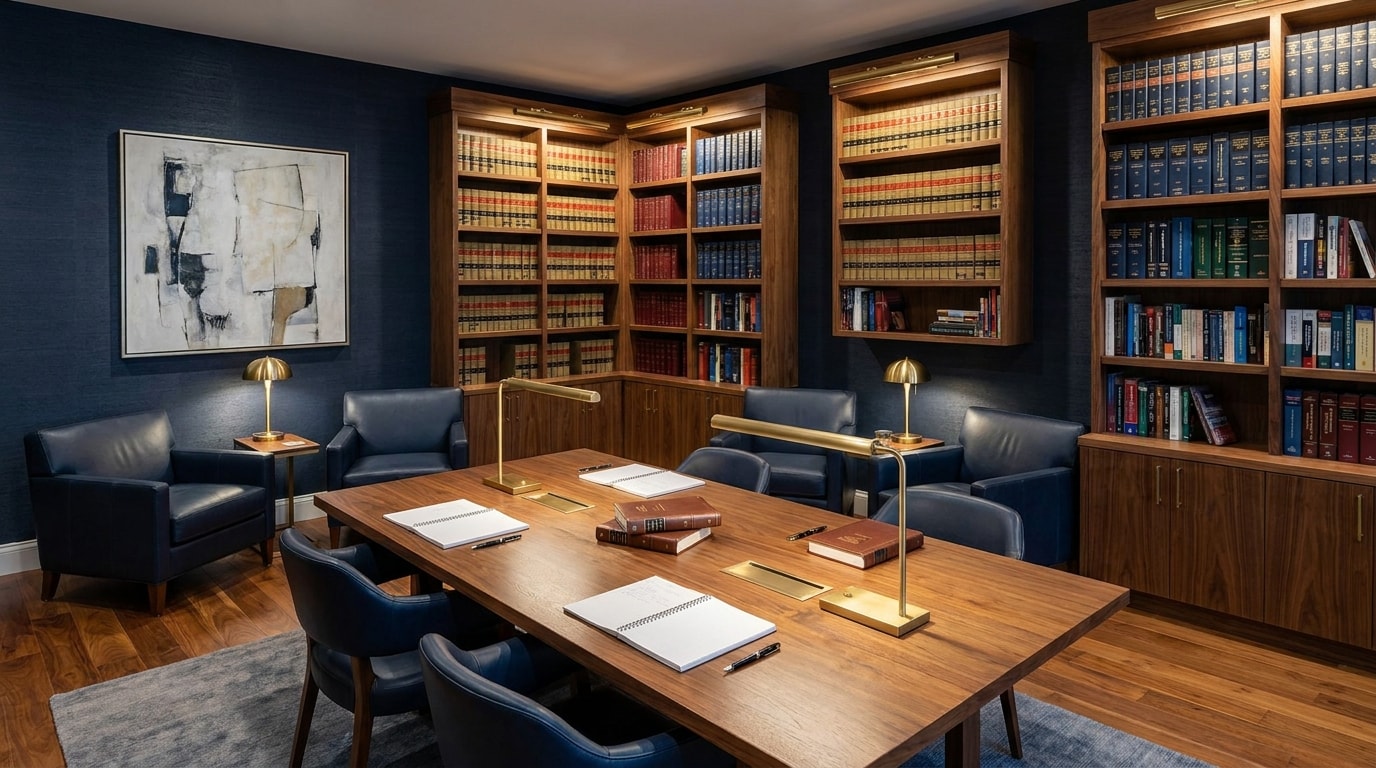Editorial photograph of a modern academic seminar room: a round walnut table with eight navy leather chairs around it and a single open academic textbook at the center.