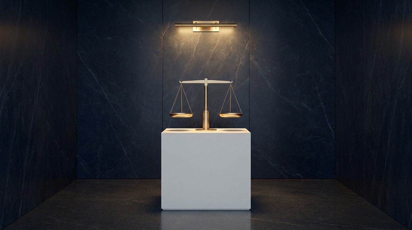 Editorial photograph of a minimalist valuation chamber: a modern brushed-gold balance scale on a white plinth in a room of polished navy marble.